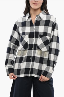 Camisa de mezcla de algodón a cuadros con detalles de flecos en blanco y negro