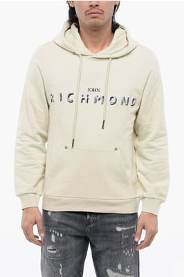 Sudadera con capucha de algodón cepillado con logotipo bordado en beige