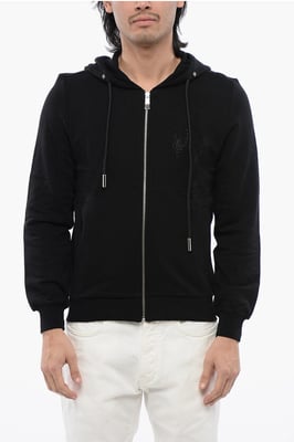 Sudadera con capucha y cremallera de algodón cepillado con strass tribal en negro