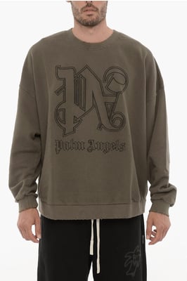 Sudadera de cuello redondo con efecto vintage y monograma en relieve en verde militar