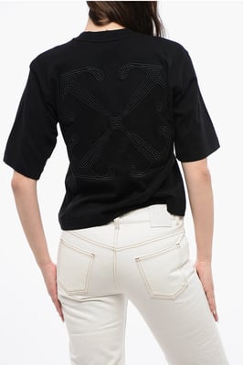 Camiseta corta de cuello redondo con bordado maxi en la espalda en negro