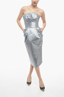Vestido tubo de satén drapeado MM1 en color plata