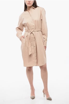 Vestido camisero de manga larga con cinturón en beige