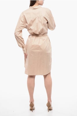 Vestido camisero de manga larga con cinturón en beige