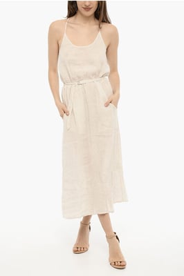 Vestido largo de lino a rayas con cinturón en beige y blanco