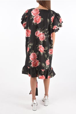 Vestido largo de seda con estampado floral y hombros descubiertos MM0 en negro