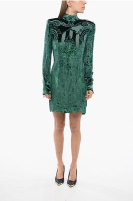 Vestido de terciopelo devoré de manga larga en verde
