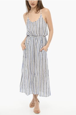 Vestido largo de lino a rayas con cinturón en blanco y azul