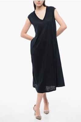 Vestido de lino sin mangas con escote en pico en azul medianoche