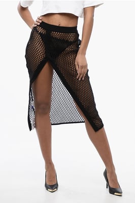 Falda midi de cintura alta con diseño de malla en negro
