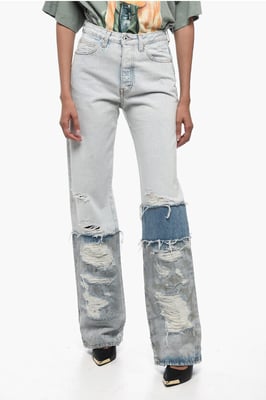 Vaqueros Boyfriend de algodón con bandas en contraste de 24 cm en azul claro