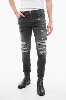 Vaqueros desgastados multibolsillos con detalles de cuero estilo biker, 1 en gris