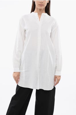 Blusa larga de mezcla de lino con cuello mandarín en color blanco