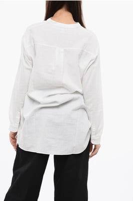 Blusa larga de mezcla de lino con cuello mandarín en color blanco