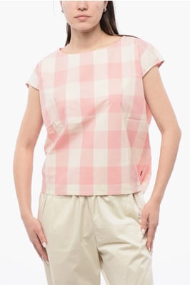 Blusa sin mangas de algodón a cuadros con cordón ajustable en blanco y rosa