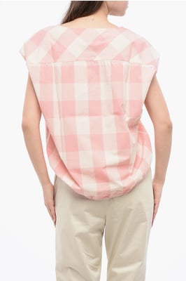 Blusa sin mangas de algodón a cuadros con cordón ajustable en blanco y rosa