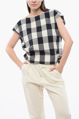 Blusa sin mangas de algodón a cuadros con cordón ajustable en blanco, azul y gris