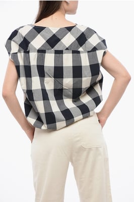 Blusa sin mangas de algodón a cuadros con cordón ajustable en blanco, azul y gris