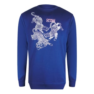 Sudadera Cavalli Class Con Cuello Redondo En Azul Iris Y Estampado De Leopardo Y Cachemira
