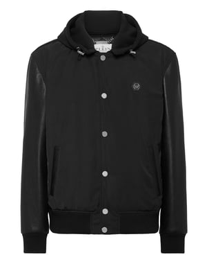 Nylon & Leather Varsity Bomber Hooded Jacket
