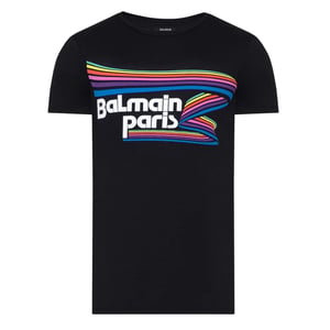 Camiseta Negra Con Logo Multicolor Arcoíris De Balmain Paris