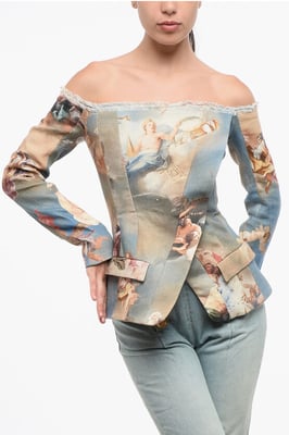 Blazer de lino estampado con hombros descubiertos en multicolor