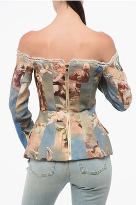 Blazer de lino estampado con hombros descubiertos en multicolor