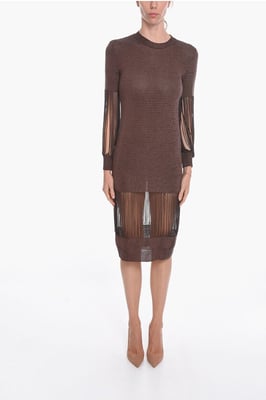 Vestido midi de viscosa metalizada con detalles de cadena en marrón