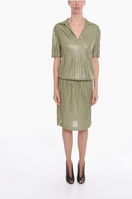 Vestido midi de punto de seda con tachuelas espejadas en verde