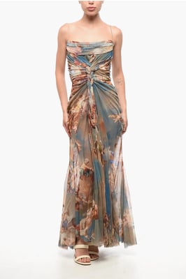 Vestido largo de tul drapeado con estampado multicolor