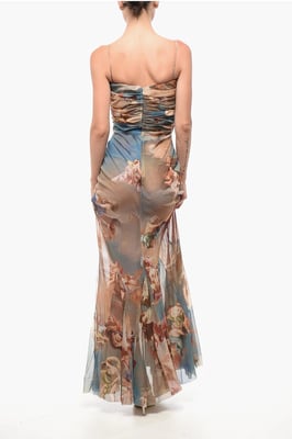 Vestido largo de tul drapeado con estampado multicolor