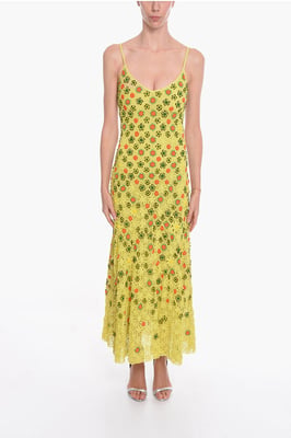 Vestido evasé de viscosa y crochet con motivo floral de cuentas en verde