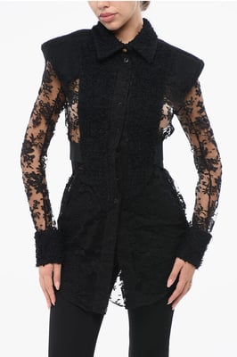 Camisa de encaje con hombros acolchados en negro