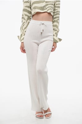 Pantalones de lana virgen acanalados de cintura alta en blanco