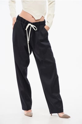 Pantalones de mezcla de lana virgen elástica MM6 con cintura ajustable en azul