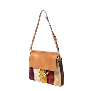 Chloé Medium Faye Shoulder Striped Patchwork  en Bronceado Piel de becerro