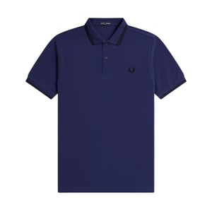 Polo Fred Perry Negro Con Cuello Doble Ribeteado En Azul Marino Francés