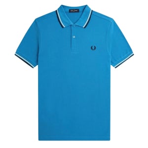 Polo Azul Cibernético Con Cuello Doble Ribeteado En Crema Y Negro De Fred Perry
