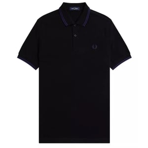 Polo Negro Con Cuello Doble Ribeteado En Azul Marino Francés De Fred Perry