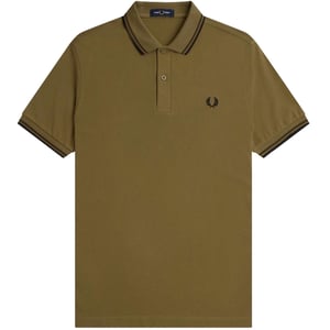 Polo Fred Perry Negro Con Cuello Con Ribete Doble En Marrón Oscuro