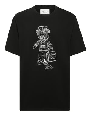 Black White Round Neck T-Shirt Teddy Bear
