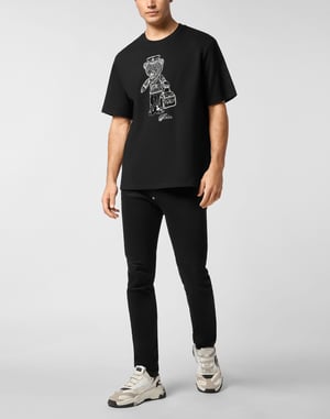 Black White Round Neck T-Shirt Teddy Bear