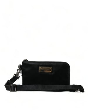 Bolso Clutch con Llavero de Placa de Logo de Nylon Negro