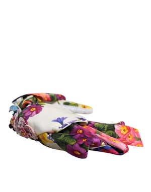 Diadema de seda blanca multicolor con flores y adornos de cristal