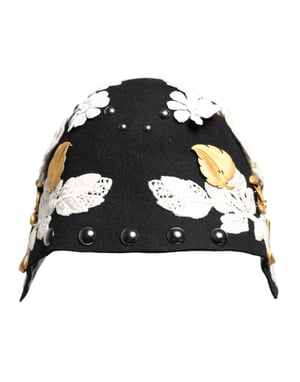 Sombrero Cloche de Lana Negra con Flores Blancas y Hojas Doradas