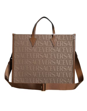 Bolso Tote Crossbody de Cuero Jacquard con Logo y Asa Superior Marrón