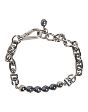 Pulsera de perlas grises con logotipo y cierre de langosta en tono plata