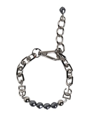 Pulsera de perlas grises con logotipo y cierre de langosta en tono plateado