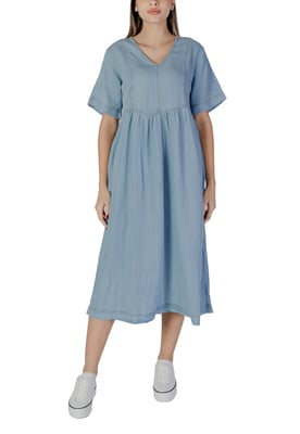 Vestido de Denim Casual de Manga Corta con Escote en V