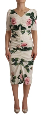 Vestido Midi con Estampado de Rosas Dolce Gabbana